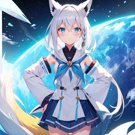 gray hair、fox ears、light blue eyes、vtuber、shirakami fubuki