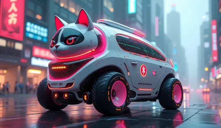 A futuristic hybrid cat-ambulance, featuring a sleek design in a mix of white, pink, red, green, and blue colors and with big octagonal shape wheel. The cats body is streamlined with medical symbols, glowing LED lights, and intricate details, set against a...