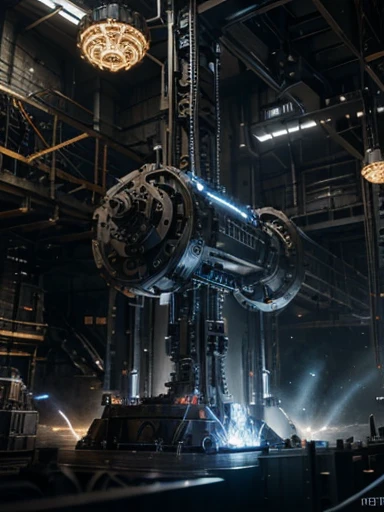 A massive industrial robot, highly detailed gears and mechanisms, chrome and steel construction, complex futuristic design, intricate inner workings, powerful hydraulic limbs, glowing blue energy core, cinematic dramatic lighting, industrial sci-fi, dark m...