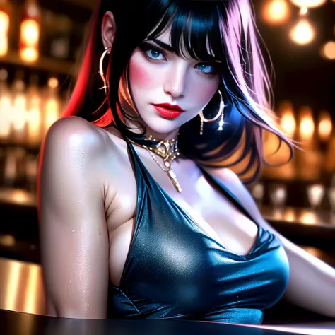 1girl, solo(Best Picture Quality, Masterpiece: 1.3, Super High Quality),(High Quality, 8K),(Realistic: 3.0, RAW Shot),(Top: 1.2).Realism art, red lips, tattoos, large breasts, A stylish digital portrait of a woman seated at a bar, wearing a graceful one-sh...