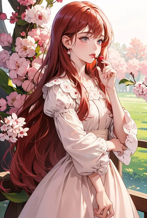  High definition, masterpiece, Very detailed,  Ultra high definition , best quality, 1 girl, solo, long hair,  cherry-colored hair , cherry eyes , pale skin,  cherry-colored dress , pastel colors,  holding a cherry , cherry-colored plump lips