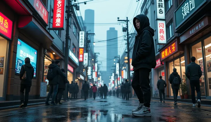 ((best quality)), ((masterpiece)), (detailed), ((Cyberpunk)), cyberpunk, Japanese urban street, dull grey sky, early evening, neon signage further in the background, one-point perspective down a row of shops with skyscrapers in the distance, has rained ear...