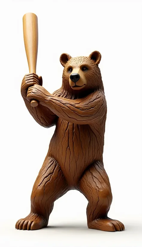 live-action、Real、A wood-carved bear hits a home run、Black、White background
