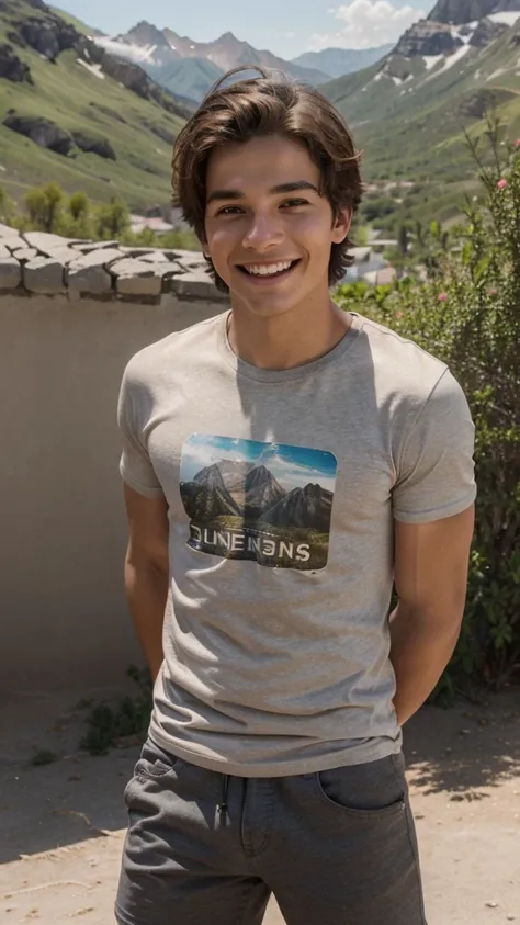 Young unmuscular  boy in T-shirt ,brun,brown eyes, Background Mountains Quality ,  Degraded Hair , Smile, open mouth, en short,Summer , very beautiful