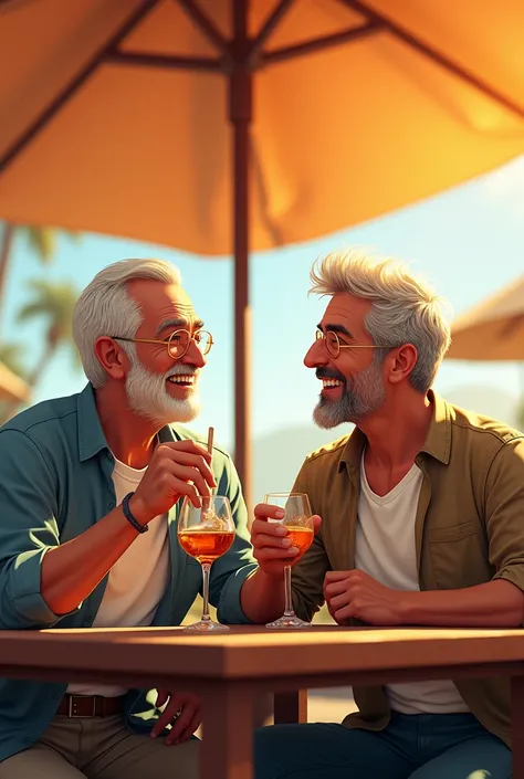 Two men, one aged 70, the other 35, sat drinking under an umbrella, sneezed, in both hands, each holding a glass of liquor, smiling brightly.