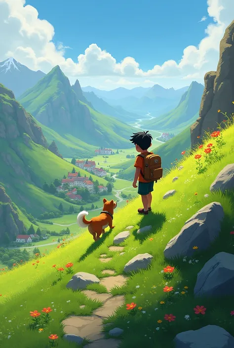 
3. Climbing the big hill: "Rohan and Buddy climb a large, grassy hill that overlooks the beautiful village. The sky is clear, and the village with its small, charming houses is visible in the distance. Buddy looks excited while Rohan, wearing a small back...