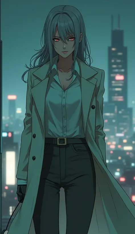 female Shogo Makishima the 2118s gangster aesthetic, reminiscent of Thomas Shelby from "psycho pass." She wears an iconic long, white overcoat paired with a white shirt and gray slim denim pants, exuding power and authority.pale skin, asymmetry long silver...