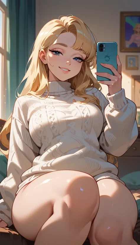 aurora (sleeping beauty), blonde hair,long hair, blue eyes, (:1.1),just wearing a white sweater ,exposed legs,thick thighs,knee ...