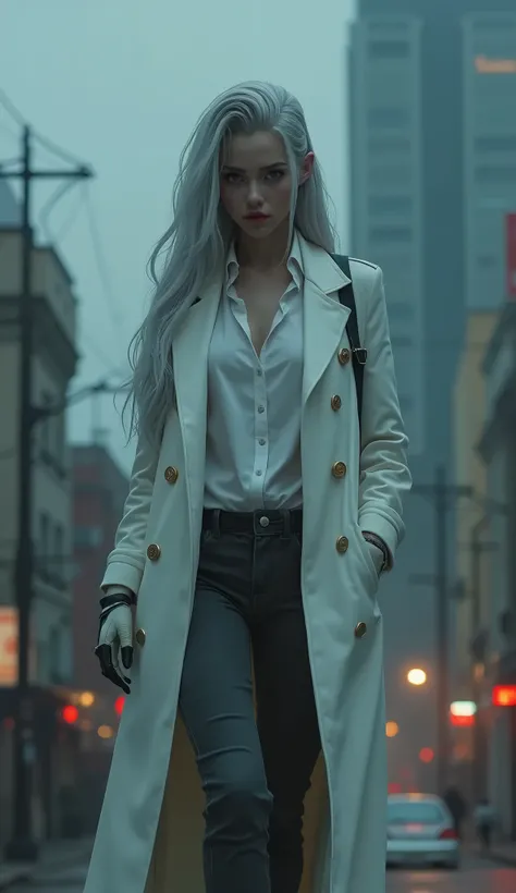 female Shogo Makishima the 2118s gangster aesthetic, reminiscent of Thomas Shelby from "psycho pass." She wears an iconic long, white overcoat paired with a white shirt and gray slim denim pants, exuding power and authority.pale skin, asymmetry long silver...