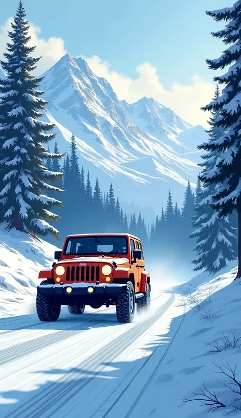 (( masterpiece)),(((The best quality))),  poster style illustration of a jeep driving on a snowy road, In the background you can see snowy pine trees and snowy mountains in the background 