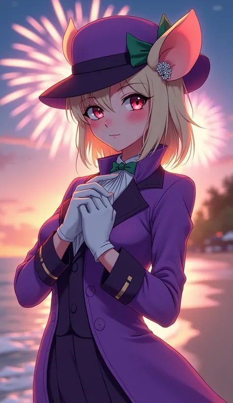  masterpiece, The best quality,  the mouse egrets, Purple hat, hairclip, green ribbon, purple jacket , white gloves, belt, purple skirt, upper body, blush, smile, looking at the viewer, playa, Evening, officer,  fireworks , hands to the chest