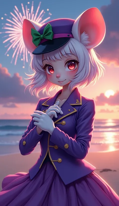  masterpiece, The best quality,  the mouse egrets, Purple hat, hairclip, green ribbon, purple jacket , white gloves, belt, purple skirt, upper body, blush, smile, looking at the viewer, playa, Evening, officer,  fireworks , hands to the chest