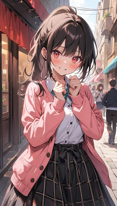 Beauty　 ponytail　Black Hair　smile　Embarrassed　blush　cardigan　Checked long skirt　Around town