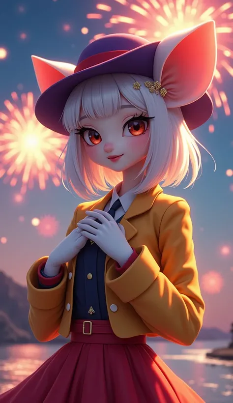  masterpiece, The best quality,  the mouse egrets, Purple hat, hairclip, green ribbon, yellow jacket, white gloves, belt, red skirt, upper body, blush, smile, looking at the viewer, playa, Evening, officer,  fireworks , hands to the chest