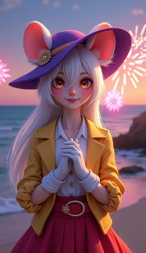  masterpiece, The best quality,  the mouse egrets, Purple hat, hairclip, green ribbon, yellow jacket, white gloves, belt, red skirt, upper body, blush, smile, looking at the viewer, playa, Evening, officer,  fireworks , hands to the chest