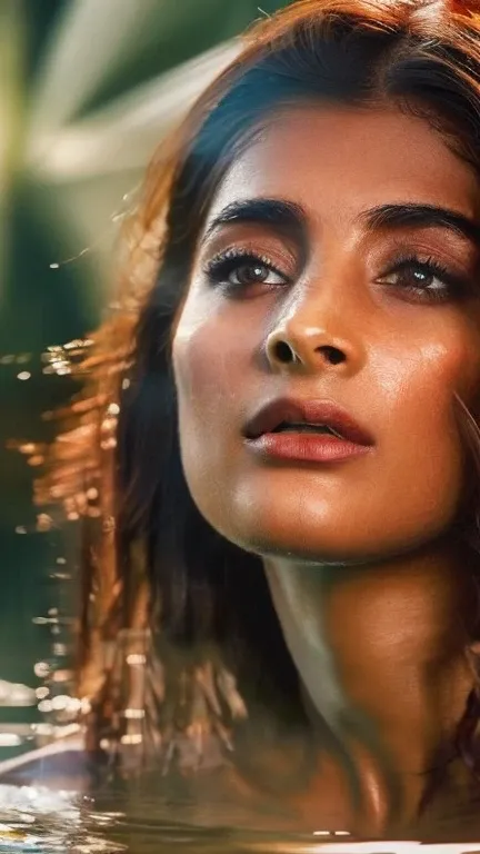 Full body photo of  ( Pooja Hegde ) in Hellblade: Senuas Sacrifice, emerging from a beautiful pond, long hair, horny expression,free hair, dirty face, finely detailed eyes,  bikini clothes revealing her cleavage and navel,she ìs confident about her body, e...