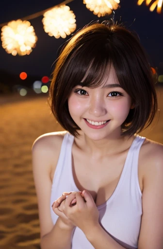 Red cheeks、shy、Light clothing、Sandy Beach、Beautiful girls、cute、short hair、20 years old、Round face、smile、Her breasts are large、Beautiful Eyes、Angry face、Clean hands、night、Behind the beautiful fireworks、happy、enjoy