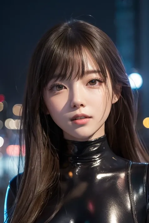 close-up portrait of a female protagonist 、Attractive slender woman 、Face close-up、  black metallic bodysuit standing on the roof of a building overlooking the night view of the big city  、  standing on the roof of a building overlooking the night view of ...