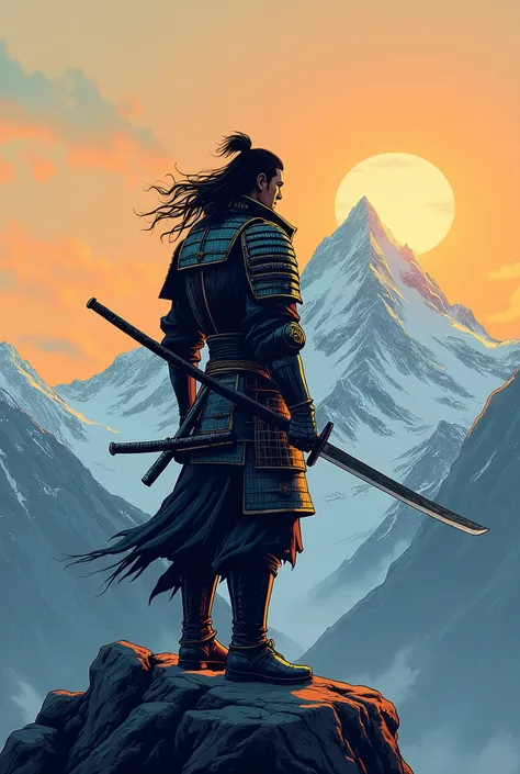 Phone wallpaper a samurai warrior facing his back in a heroic pose on a mountain at dawn with his sword, in comic art style