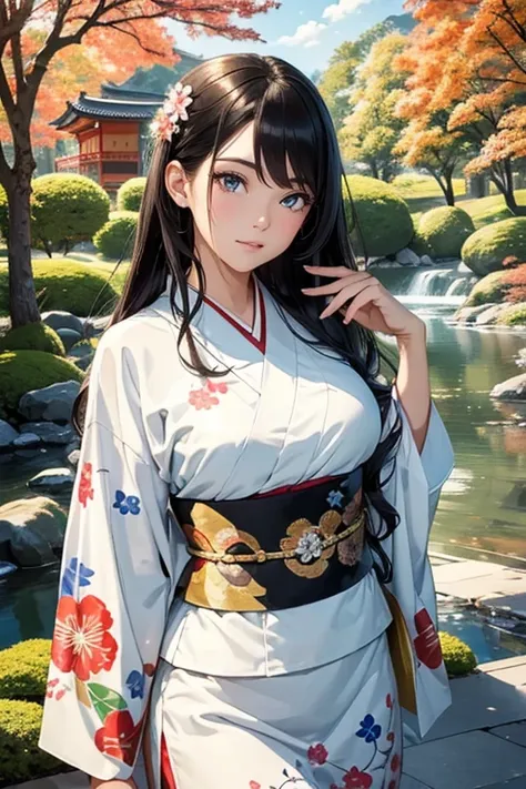 (Best Quality, High resolution, 8k), Japanese painting style, Beautiful Japanese women who look good in kimono,  Japanese clothing with calm colors and patterns, Light brown-black hair, Beautiful eyes, Beautiful lips, A beautiful, well-proportioned face wi...