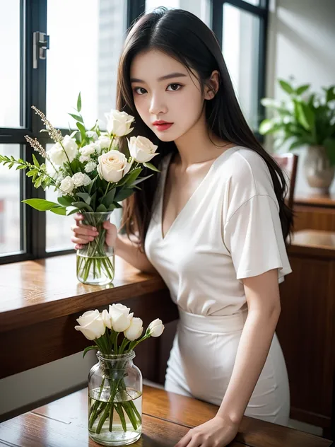 The woman sits at the table，There is a vase of flowers in front of him, gorgeous chinese models, Gorgeous young Korean woman, full-body xianxia, beautiful Korean women, xintong chen, Beautiful young Korean woman, wenfei ye, A young Asian woman, xision wu, ...