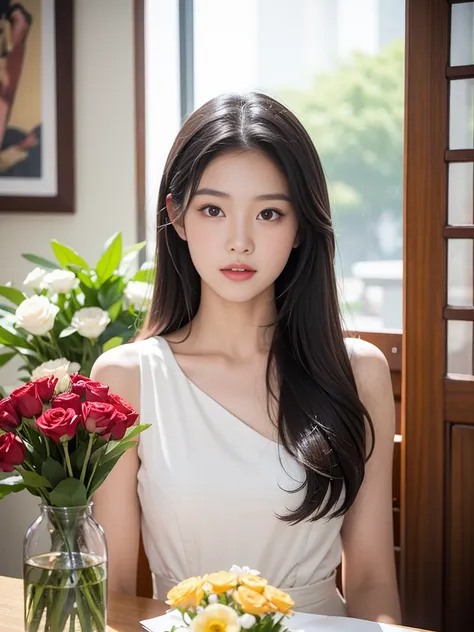 The woman sits at the table，There is a vase of flowers in front of him, gorgeous chinese models, Gorgeous young Korean woman, full-body xianxia, beautiful Korean women, xintong chen, Beautiful young Korean woman, wenfei ye, A young Asian woman, xision wu, ...