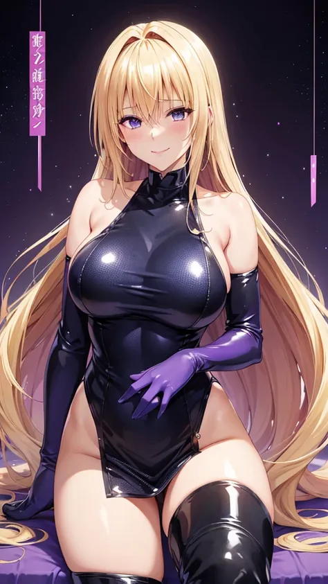 Erotic、Teayurnatique 、Blonde、Blue Archive、Big Breasts、 shiny black and light blue sequin dress　Long gloves、Thigh-high boots、Pink love hotel with dim lights、Purple wall、smile「sneer」、Open your mouth slightly、Evil female executive、adult、Married Woman、slouch、A...