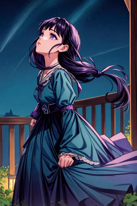 a girl looking up , long tied up purple black hair , blue green dress , outside , evening 