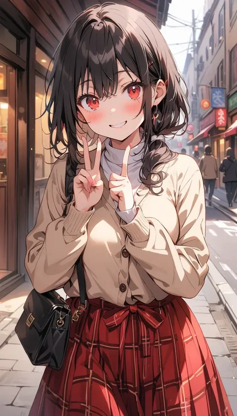 Adult women　Beauty　Tall　 ponytail　Black Hair　smile　Embarrassed　blush　cardigan　Checked long skirt　tits　Peace sign　Small bag　Around town　Photograph the whole body