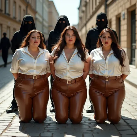 three short, overweight sluts with fat asses, each wearing a shiny, whithe, tight satin blouse with a high collar and button placket ((not knotted, no navel)), half sleeves, and very high-waisted light brown leather leggings, a extra wide belt with big buc...