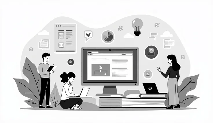 Generate a black-and-white illustration in Notion style of an online learning platform. Depict elements such as a computer screen showing a video lecture, books and notes surrounding it, and students engaging from various devices like laptops and phones. I...