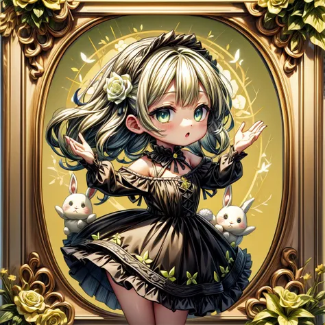 attractive face、chibi、（beautiful eyes、detailed eyes）、lime yellow background、black clothes、long sleeves with flared cuffs、shoulde...