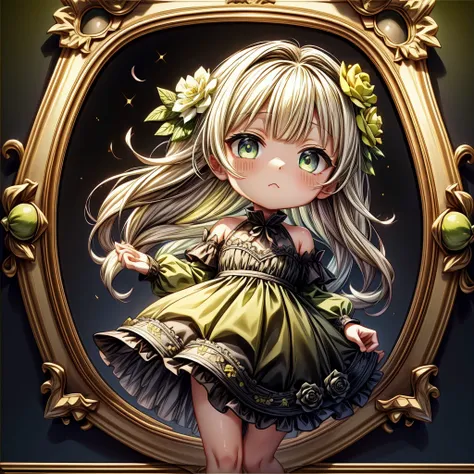 attractive face、chibi、（beautiful eyes、detailed eyes）、lime yellow background、black clothes、long sleeves with flared cuffs、shoulde...