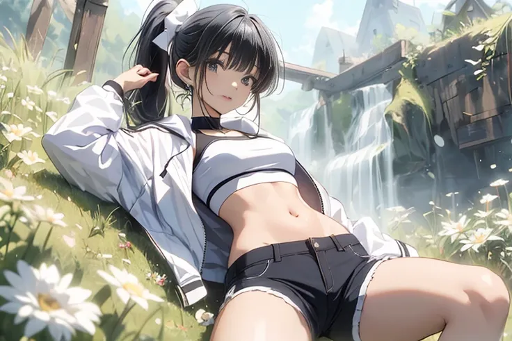 masterpiece, Best Quality, Advanced Details, Ultra-high resolution,  idle accelerator, 1 girl, Alone, Perfect body, hair accessories, Glossy lips, medium chest, diaphragm, Shorts, White underwear, Inconsistency,  white jacket, black inner shirt ,  ponytail...