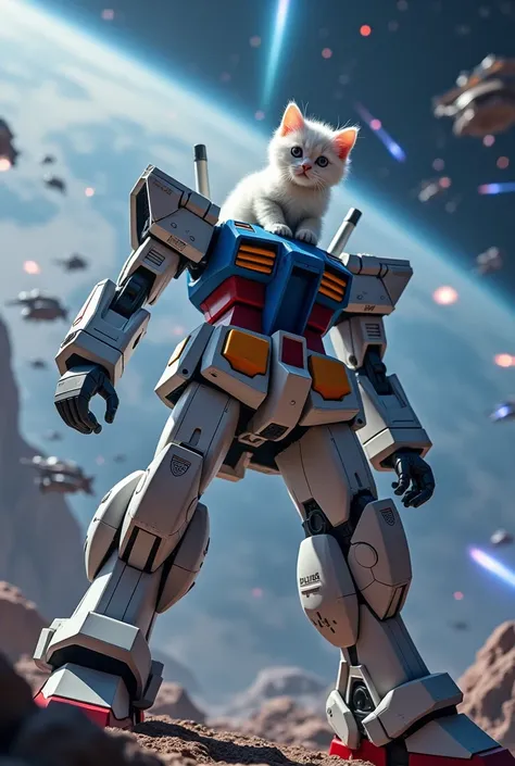  The Cutest White Kitten in the World Riding Gundam、universe space、Realistic、 Lots of Mobile Suits 、 Flying Beams 、A powerful composition、Cinematic Proof 