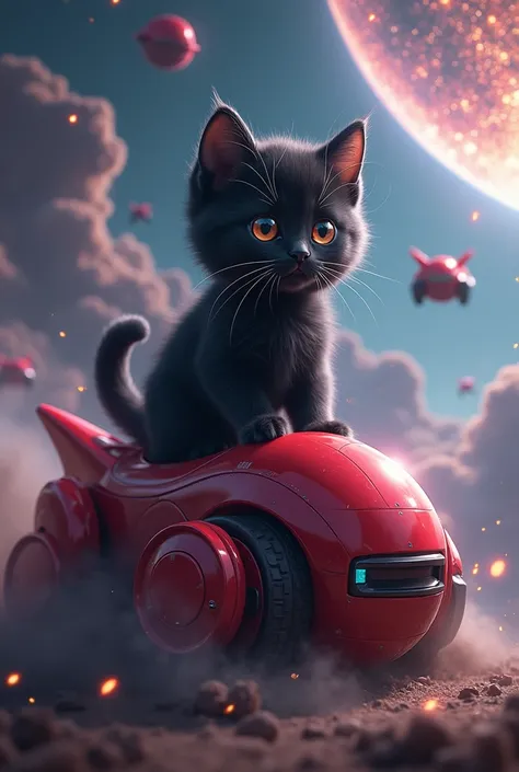 The cutest black kitten in the world riding a red zack、universe space、Realistic、 Lots of Mobile Suits 、 Flying Beams 、A powerful composition、Cinematic lighting