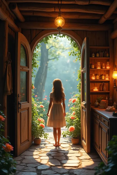 {
  "type": "photorealistic fairy house interior",
  "description": "Standing inside the cozy cottage, looking out through the open front door. The view from inside shows a glowing, enchanted garden filled with blooming flowers, floating fairy lights, and ...