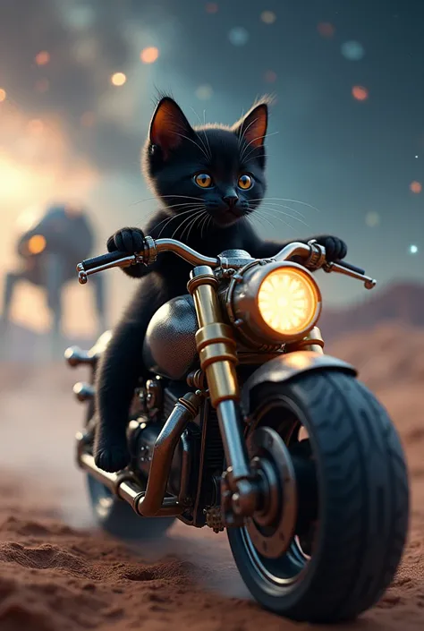  the cutest black kitten in the world riding a metallic motorcycle with lots of tubes、universe space、Realistic、A huge mobile fortress with lots of complicated brass-colored machines 、Cinematic lighting