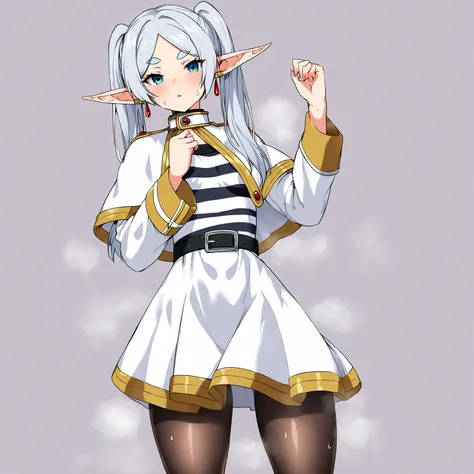 score 9, score 8 up, score 7 up, rating questionable,
simple background,anatomically correct,
solo,1girl,
(frieren, pointy ears, elf, earrings, twintails, parted bangs, grey hair, thick eyebrows),collared capelet, white capelet, striped shirt, long sleeves...