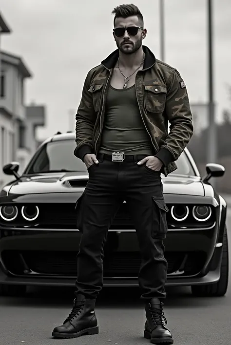 Muscular Turkish man, 22 years old, aviator glasses, Military Haircut, in front of a muscle car, schwarz, army identification tag, black combat pants, Black combat boots, bulge in pants because of big cock, wears a tight tank top and an army jacket in Wood...