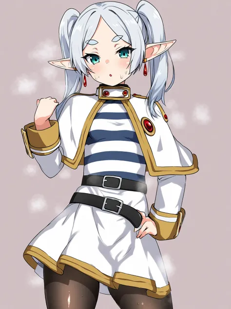 score 9, score 8 up, score 7 up, rating questionable,
simple background,anatomically correct,
solo,1girl,
(frieren, pointy ears, elf, earrings, twintails, parted bangs, grey hair, thick eyebrows),collared capelet, white capelet, striped shirt, long sleeves...