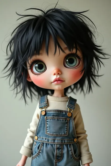 Blythe Doll、Shortcuts, Messy black hair, Wearing overalls