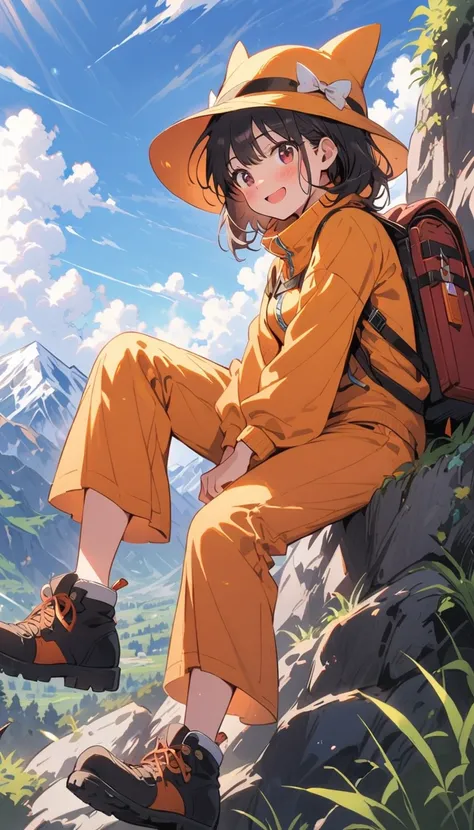 Adult women　Beauty　Tall　Black Hair　smile　Embarrassed　blush　hat　hiking clothes 　Hiking boots　Long trousers　Mountain trail　 stock　 rucksack　Climbing a mountain　Shooting from a distance