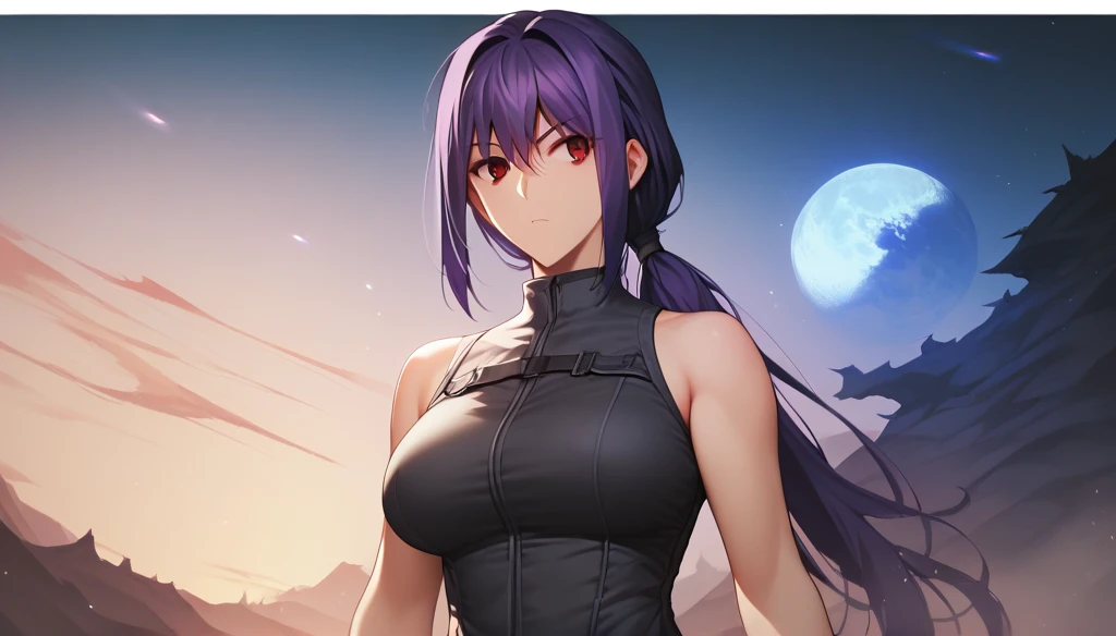 Score_9, Score_8_up, Score_7_up, One Girl, Hirokazu Koyama ,sexy,Pixel Perfect,Large Breasts,Anatomically correct, Masterpiece Highly detailed,8k,( fits your body,Rider Suit,Sleeveless,),, Red eyes, ( Long Hair, Purple Hair,  split bangs ,Low Ponytail, ), ...