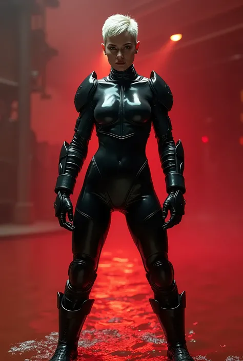 A girl, muscular and prominent, hull body black latex tight suits, pixie hair, head to foot, standing in red water flood, open legs, with shoulder guards, with a choker, fully encompassing arm guards, with long gloves, wearing knee guards, with long boots,...