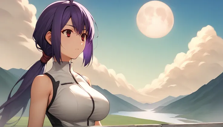 Score_9, Score_8_up, Score_7_up, One Girl, Hirokazu Koyama ,sexy,Pixel Perfect,Large Breasts,Anatomically correct, Masterpiece Highly detailed,8k,( fits your body,Rider Suit,Sleeveless,),, Red eyes, ( Long Hair, Purple Hair, There is a parting in the middl...