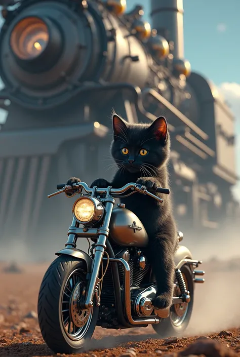  the cutest black kitten in the world on a metallic motorcycle with lots of tubes、universe space、Realistic、A huge locomotive with lots of complicated brass-colored machines covering the sky 、Cinematic lighting