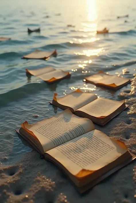  Pages or manuscripts floating delicately in the water over a calm sea, and some scattered in the sand ,  illuminated by the soft light of the evening .