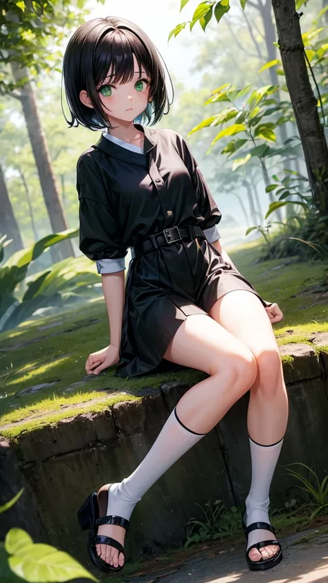 1 menina, girl, drawing, anime girl, green eyes, short black hair, green dress with a black belt and white socks and black sandals