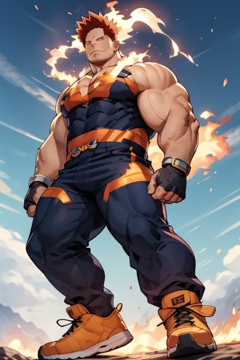 Endeavor from My Hero Academia, covered in flames, full body, costumed, muscular, thick, thick, 45 yaers old, Endeavor from My Hero Academia, big flame coming out of the whole body, blue sky, large pectorals, superhero, blue bodysuiit, fingerless gloves